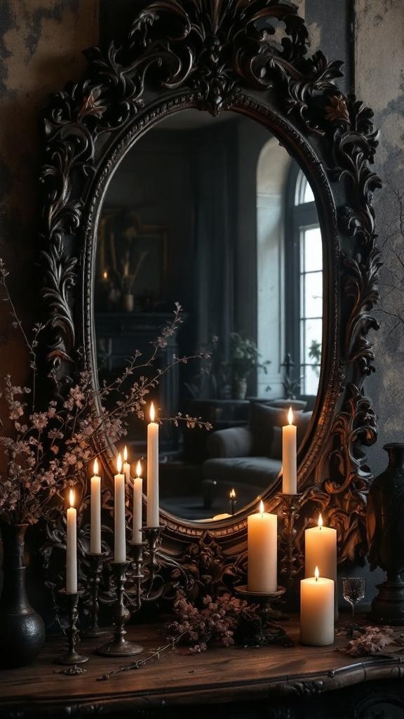 A beautifully ornate antique mirror surrounded by candles and decorative elements.
