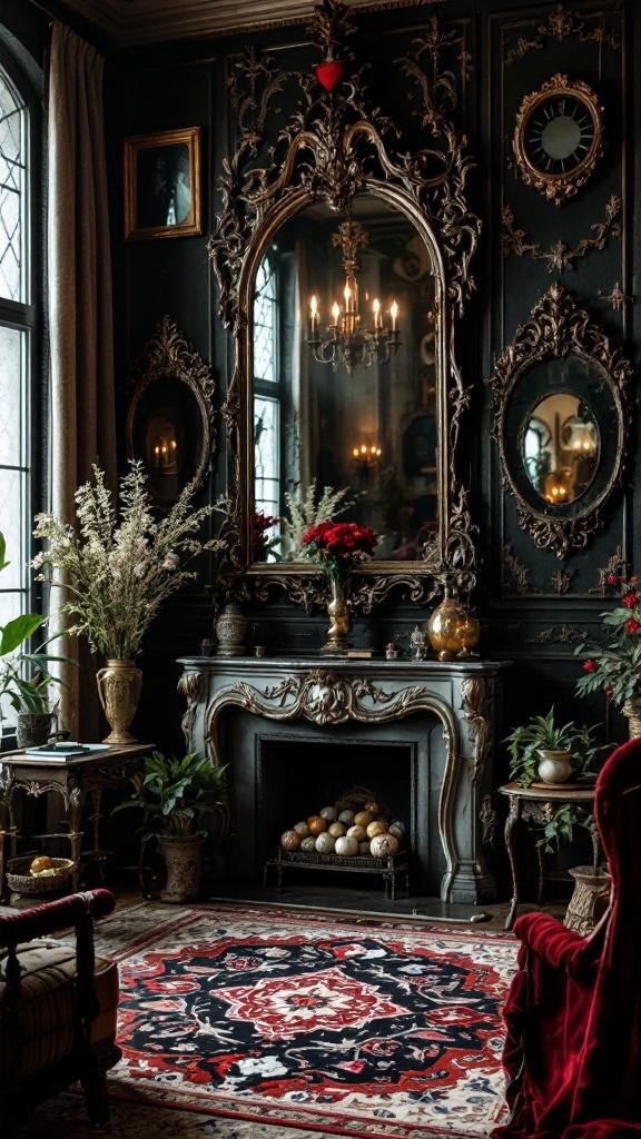 A living room featuring ornate antique mirrors and frames on dark walls, with elegant decor and a cozy atmosphere.