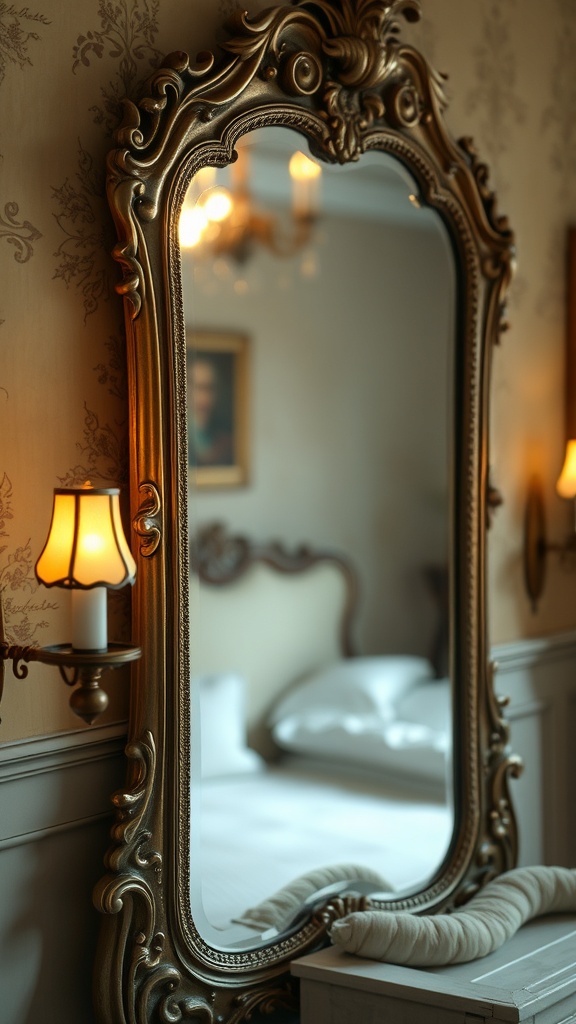 A vintage ornate mirror with patina reflecting a softly lit bedroom.