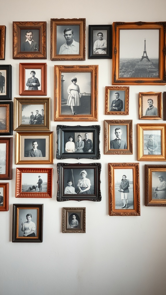 A collection of antique picture frames displaying black and white photos on a wall.