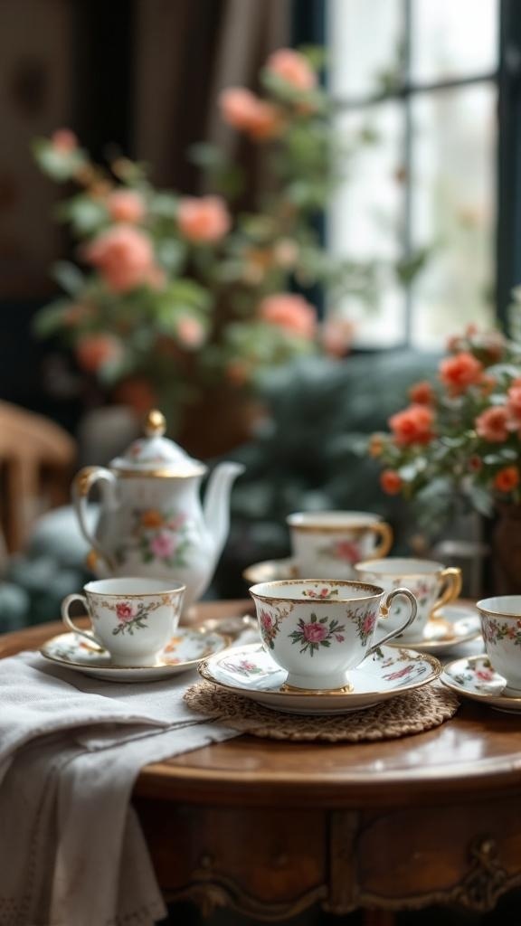 A beautifully arranged antique tea set with floral designs on a wooden table, surrounded by soft textiles and flowers.