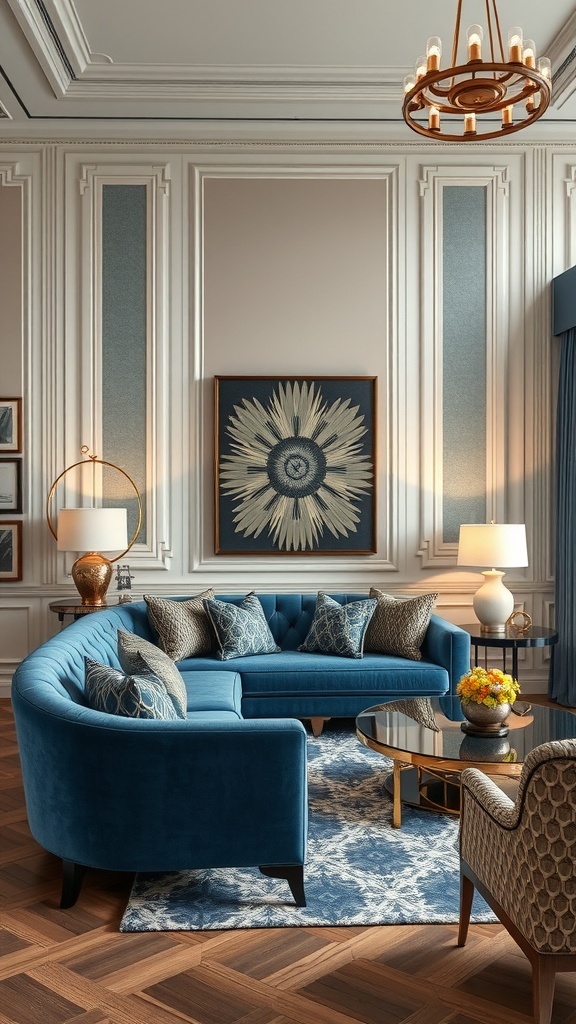 A luxurious living room featuring a blue sofa, elegant decor, and Art Deco elements.