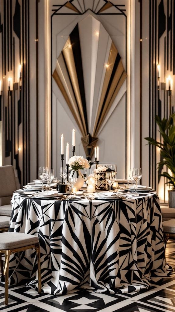 Art Deco inspired wedding reception table with black and white decor