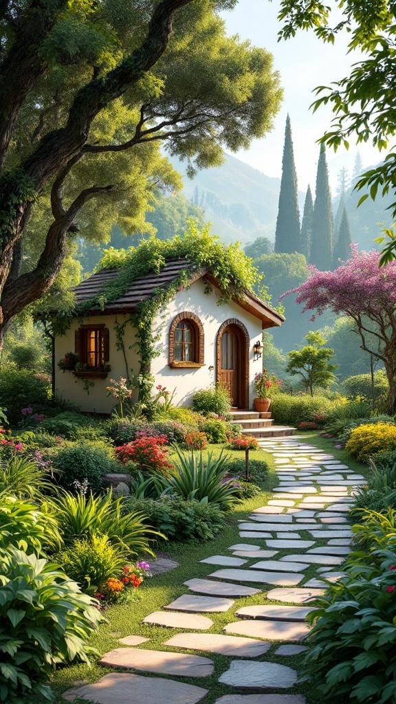 A charming tiny house surrounded by lush greenery and colorful flowers, featuring a stone pathway leading to the entrance.