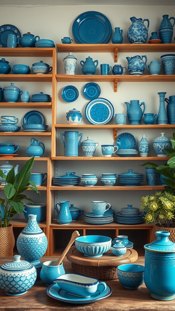 A collection of blue pottery displayed on wooden shelves.
