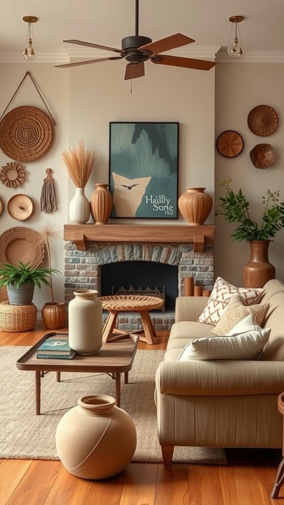 Cozy living room with artisan decor, featuring pottery and woven wall art.