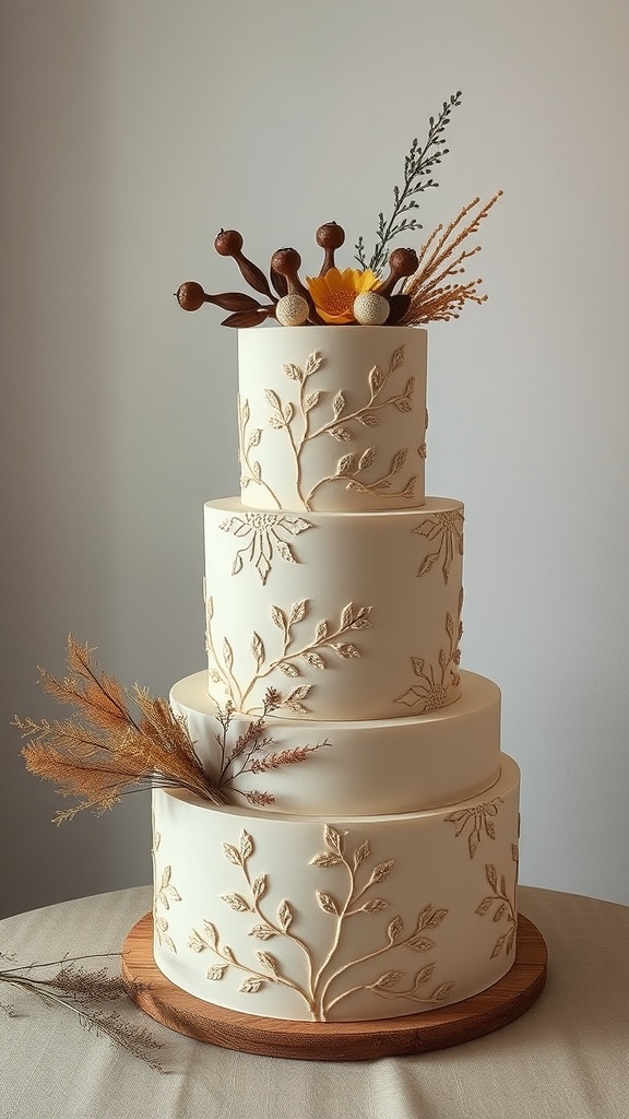 Artisan khaki wedding cake with dried foliage and flowers