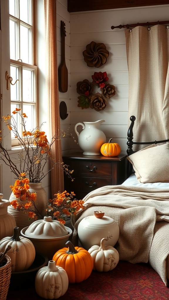 A cozy vintage bedroom featuring artisan pottery and fall decorations.