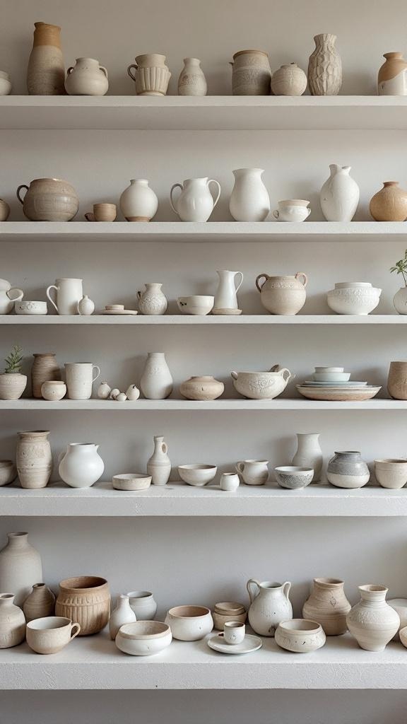 A collection of artisan pottery and ceramics displayed on shelves.