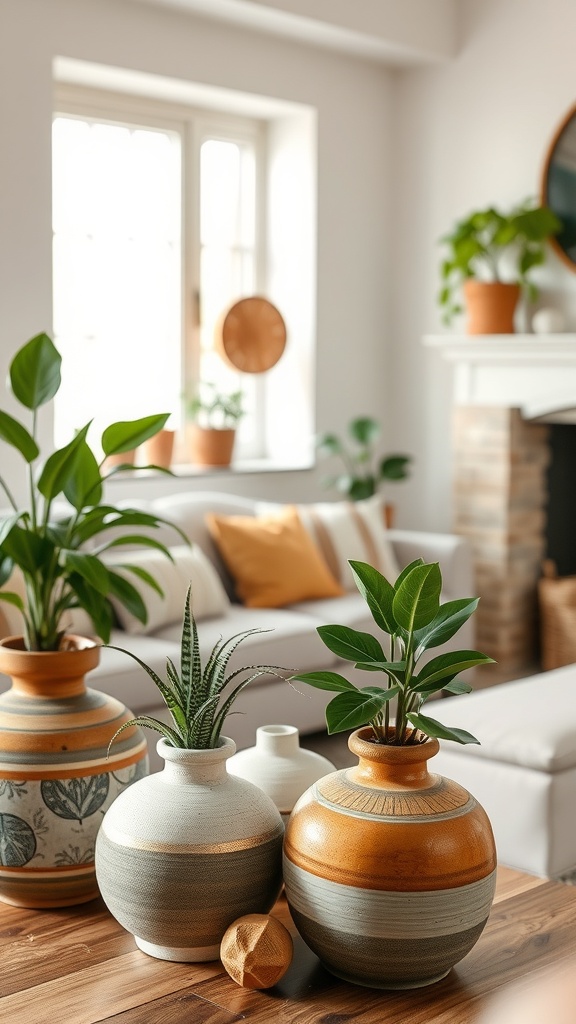 Artisan pottery with plants in a cozy living room setting.