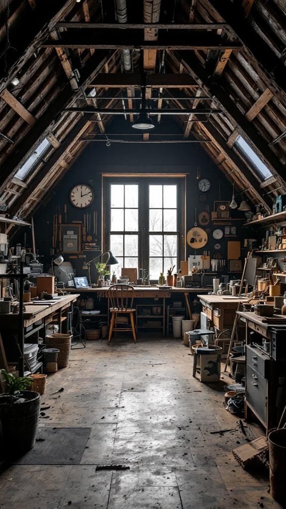 Artisan workshop in a small attic with wooden beams and workstations.