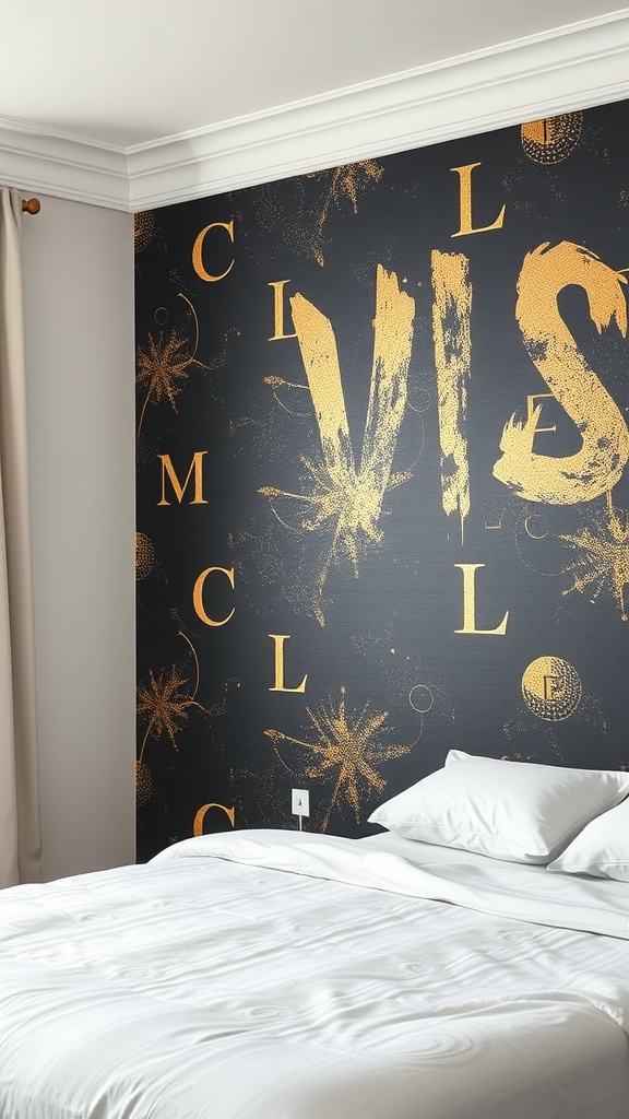 A cozy bedroom featuring artistic black and gold wallpaper with bold designs.