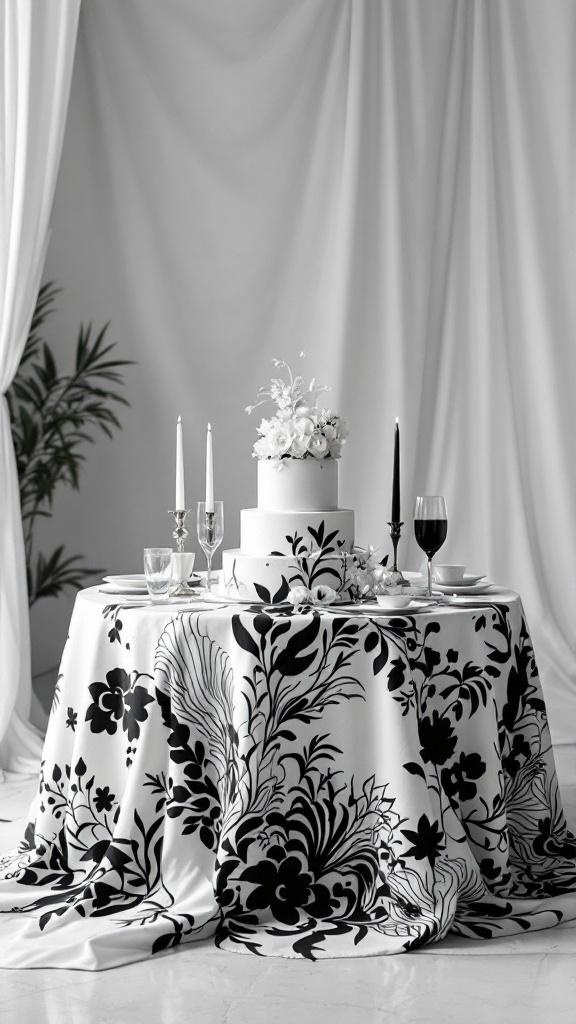 A beautifully set wedding reception table with a black and white floral tablecloth, candles, and a cake.
