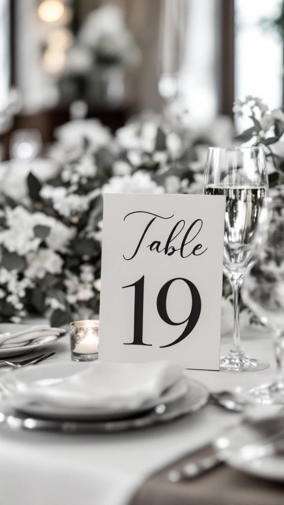Elegant black and white table number 19 at a wedding reception