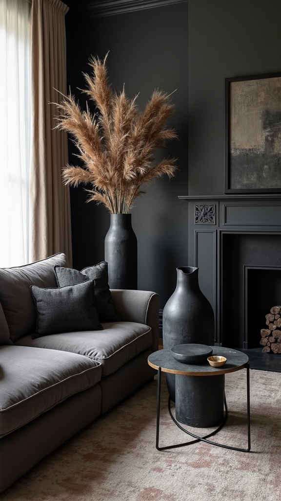 A cozy living room featuring black decor elements, including a stylish couch, black vases, and a modern coffee table.