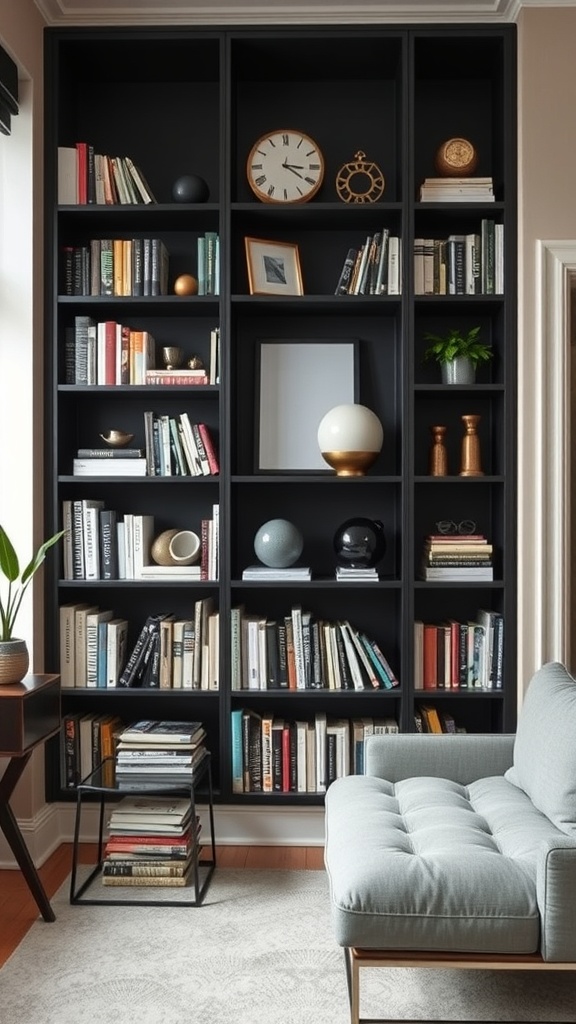 A stylish black shelving unit filled with books and decorative items in a chic apartment.