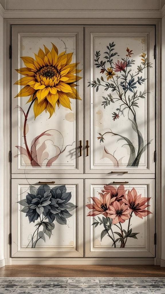 Artistic kitchen cabinet doors featuring colorful floral designs.