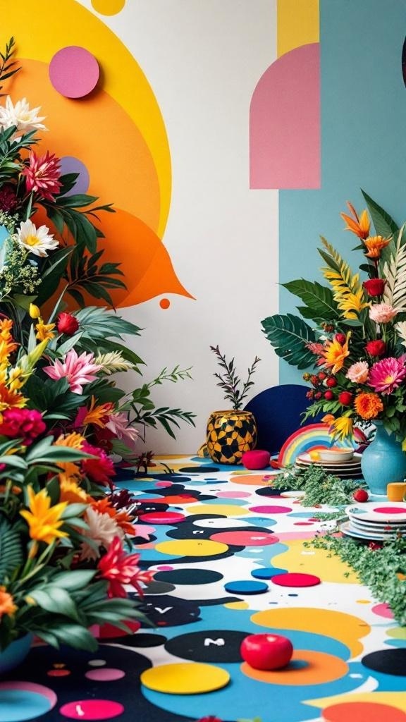 A colorful wedding setup featuring bright flowers and playful geometric designs.