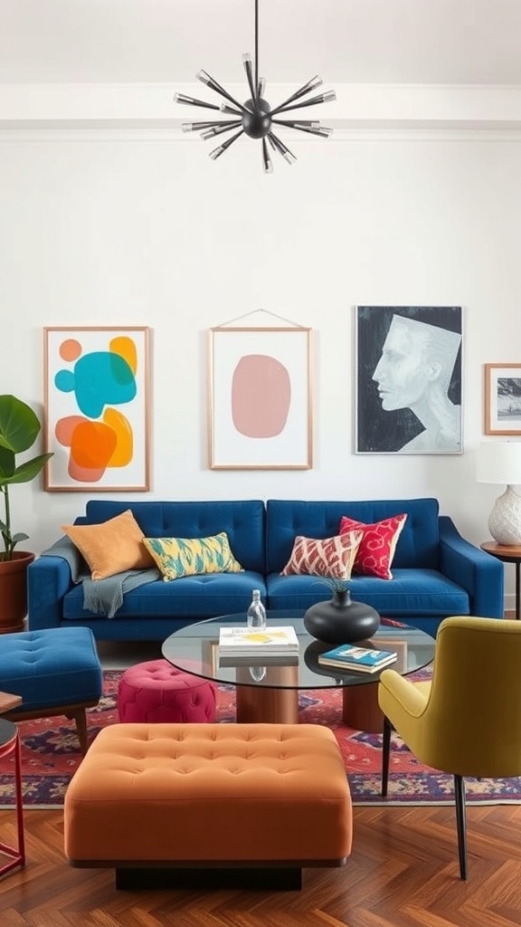 A stylish living room featuring a blue sofa with colorful cushions, abstract art on the walls, and a modern chandelier.
