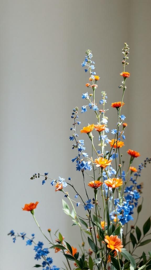 Blue and orange wildflower wedding centerpiece