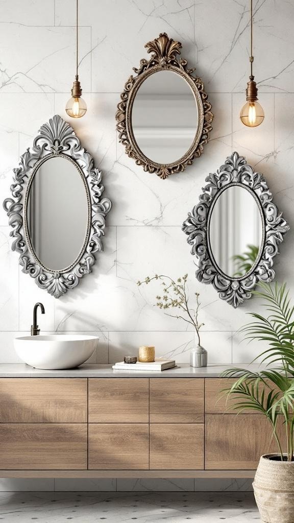 Three artistic mirror frames in different styles hanging on a wall above a wooden vanity.