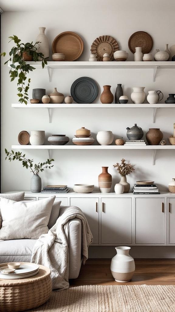 A collection of artistic pottery and ceramics displayed on shelves in a cozy living room.