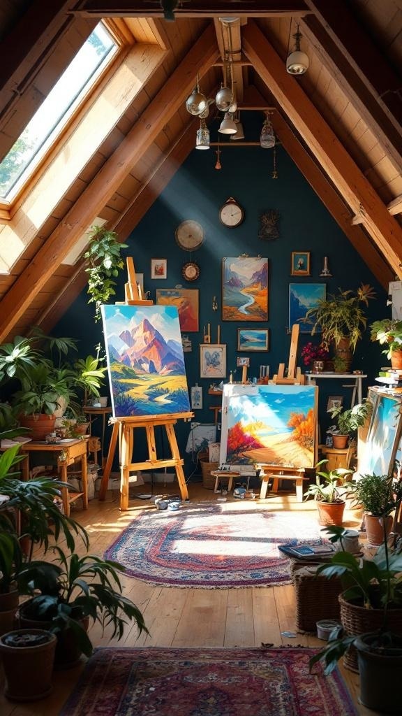 A cozy attic studio filled with plants and paintings, illuminated by natural light from large windows.