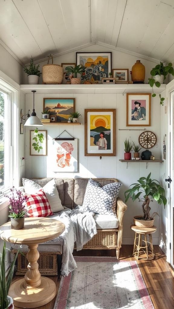 Cozy tiny house interior with art, plants, and comfortable seating.