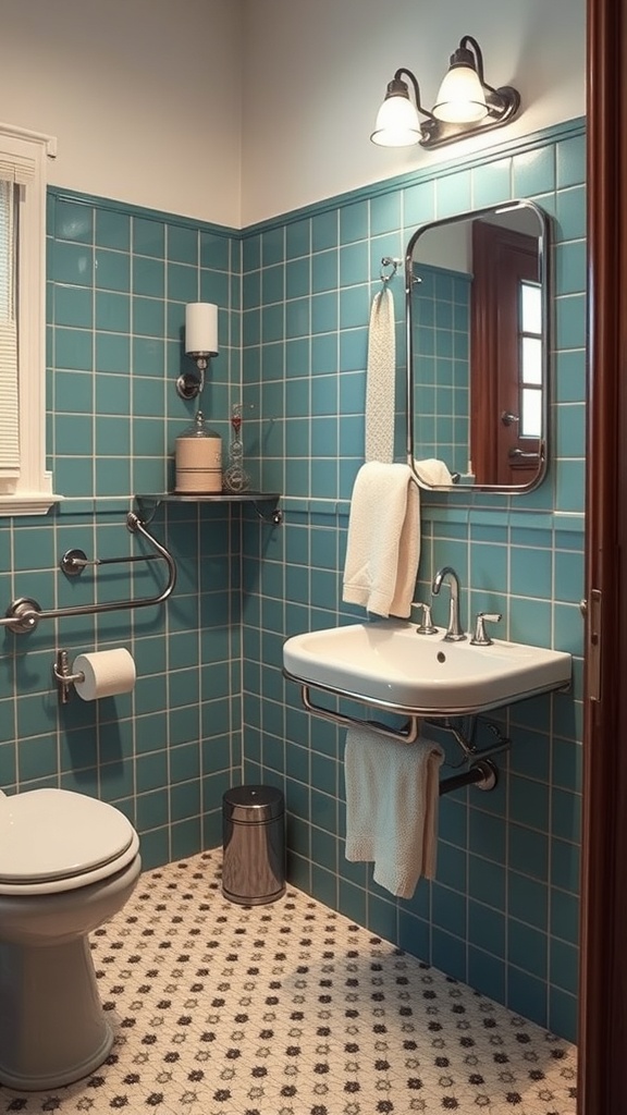 A stylish towel rack in a retro-themed bathroom with blue tiles and vintage fixtures.