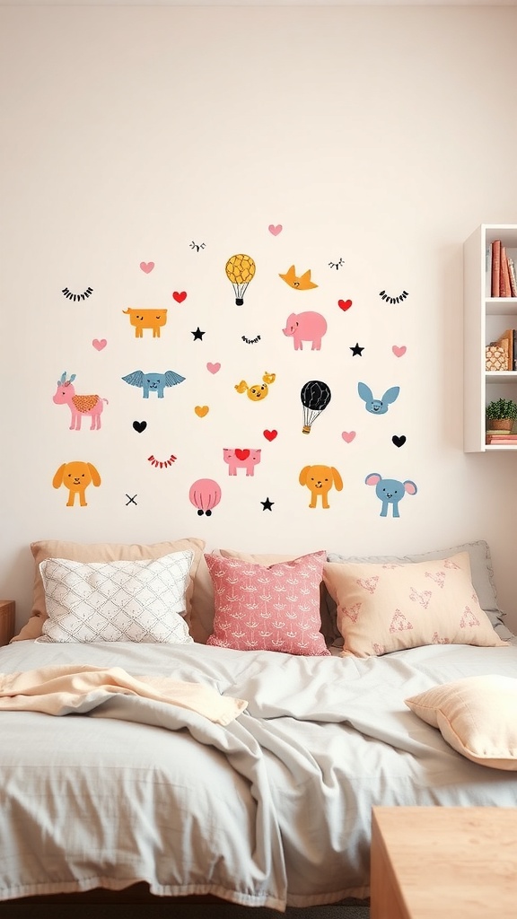 A wall decorated with artistic black decals including stars, hearts, and playful words, next to a cozy chair and plant.