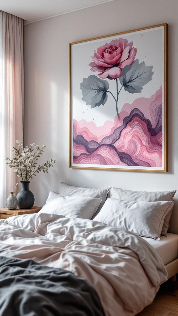 A pink rose painting on a wall above a bed with soft bedding in a cozy bedroom.