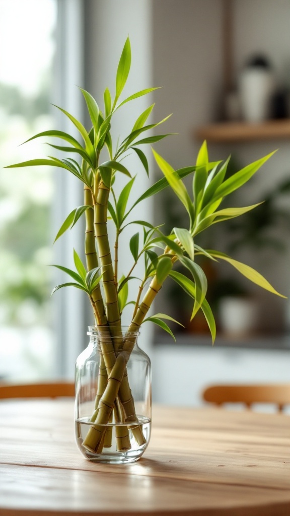 A vibrant bamboo plant in a glass jar on a wooden table.