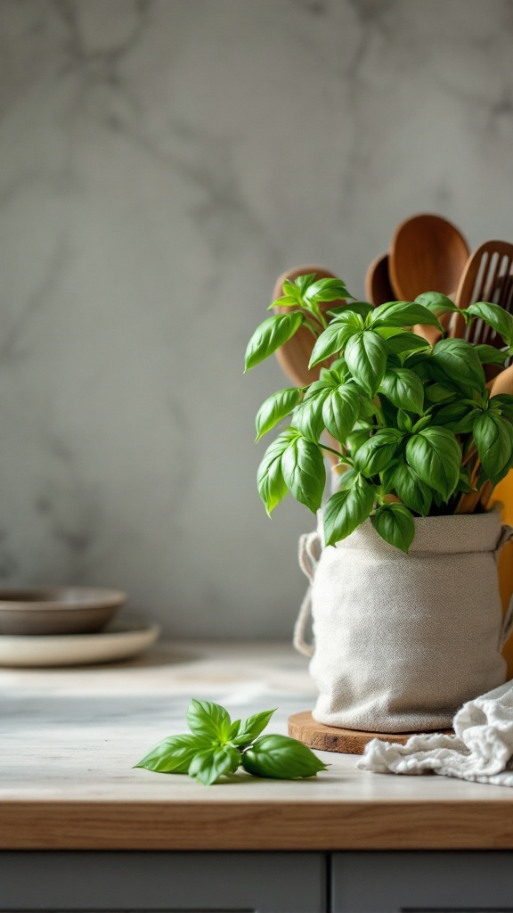 Fresh basil plant in a cloth pot on a kitchen counter