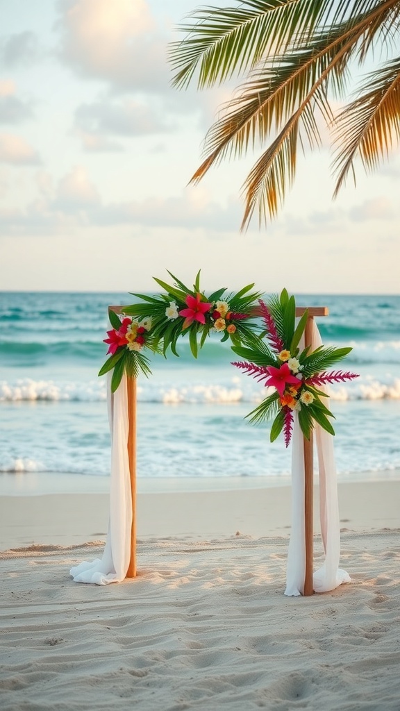 A beautiful wedding setup on the beach with tropical flowers and ocean waves.