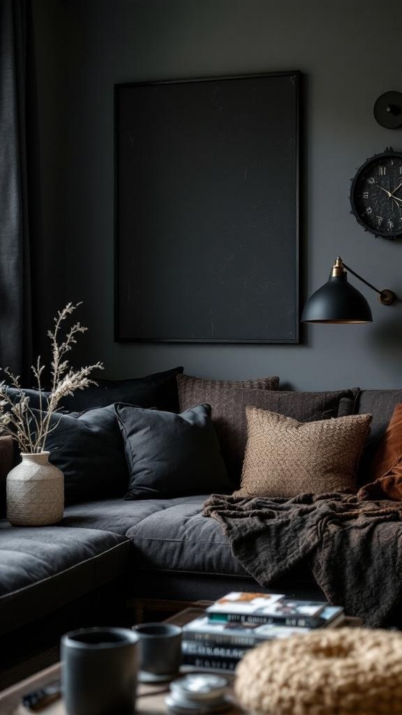 A cozy living room with black accessories, including pillows, a lamp, and a decorative vase.
