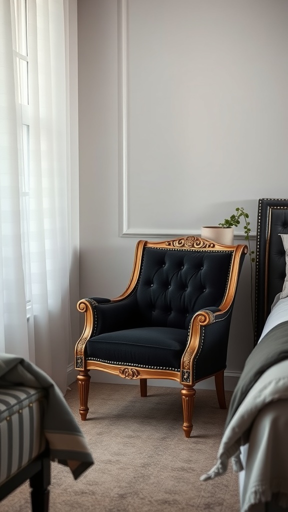 A cozy black and gold accent chair in a stylish bedroom setting.