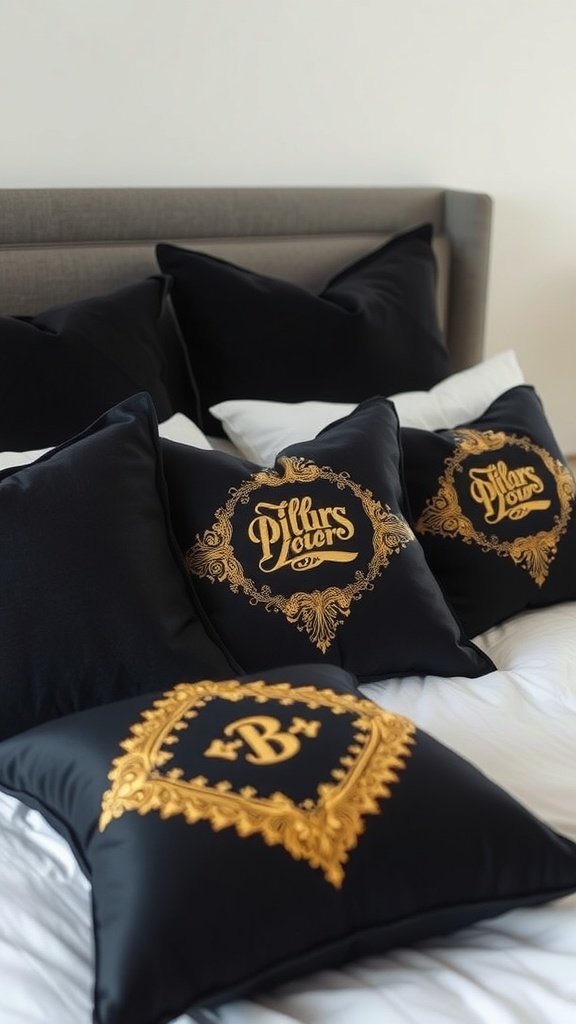 Black and gold accent pillows on a bed