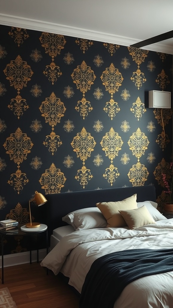 A cozy bedroom featuring a black and gold accent wall with intricate patterns.