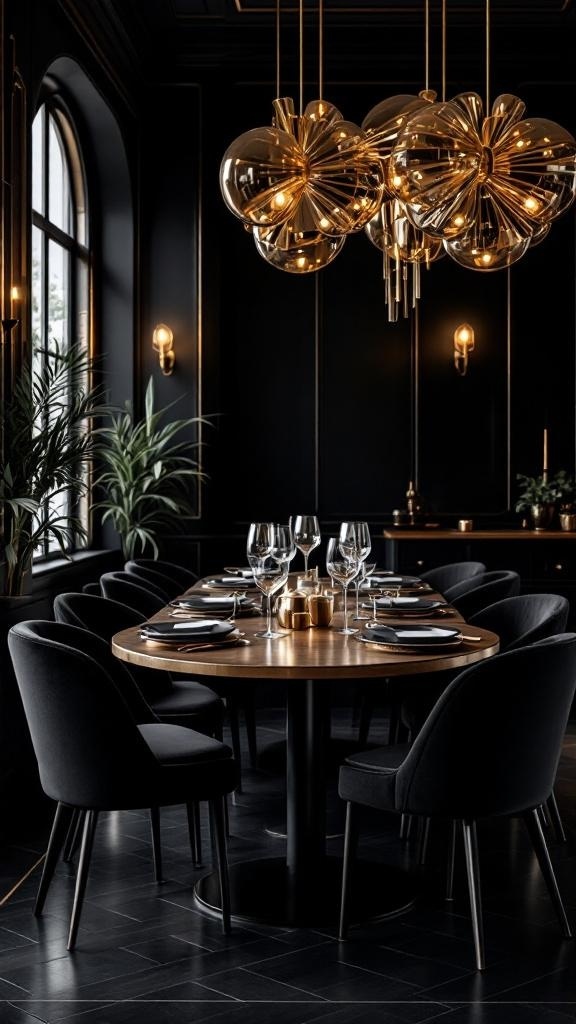A chic dining area featuring a round wooden table, black chairs, and striking gold light fixtures against a black wall.