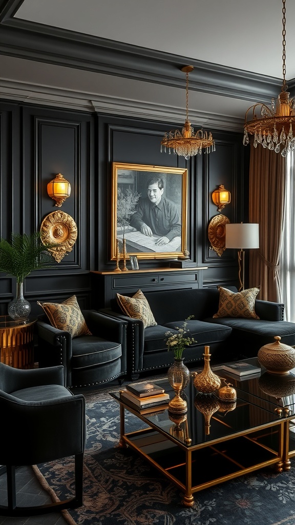 A stylish living room featuring black and gold decor accents.