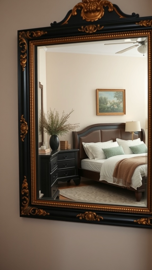 A decorative black and gold mirror reflecting a cozy bedroom with a bed and nightstand.