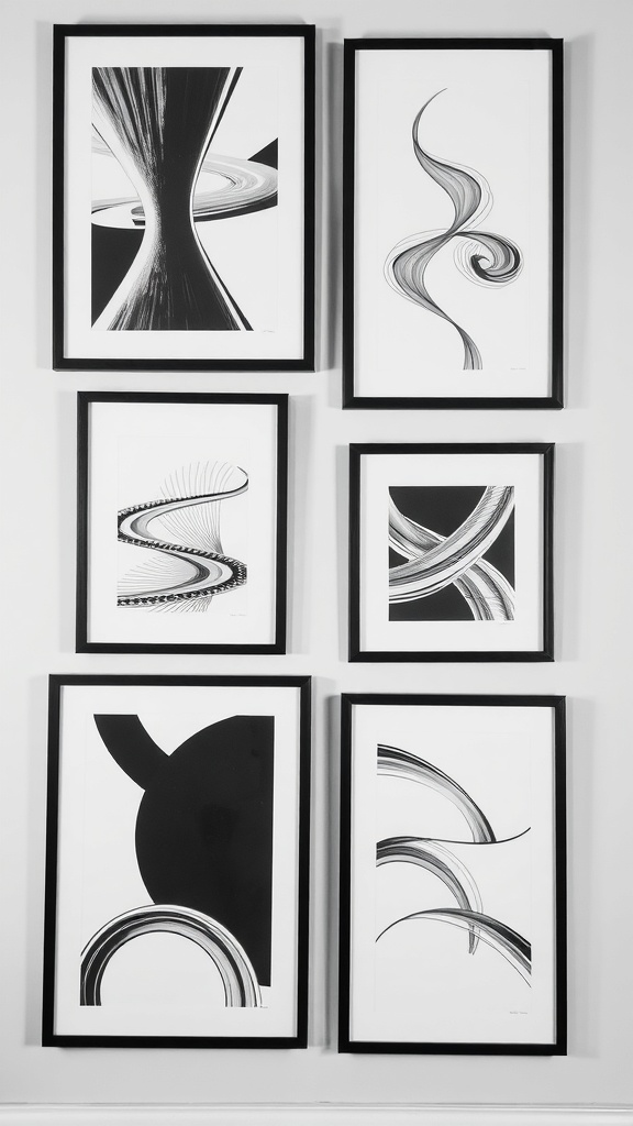 Black and white framed art on a wall next to a stylish chair and a plant.