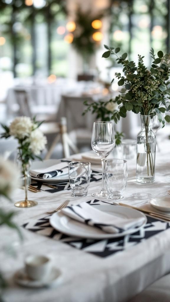 Elegant wedding reception table with black and white geometric place mats.