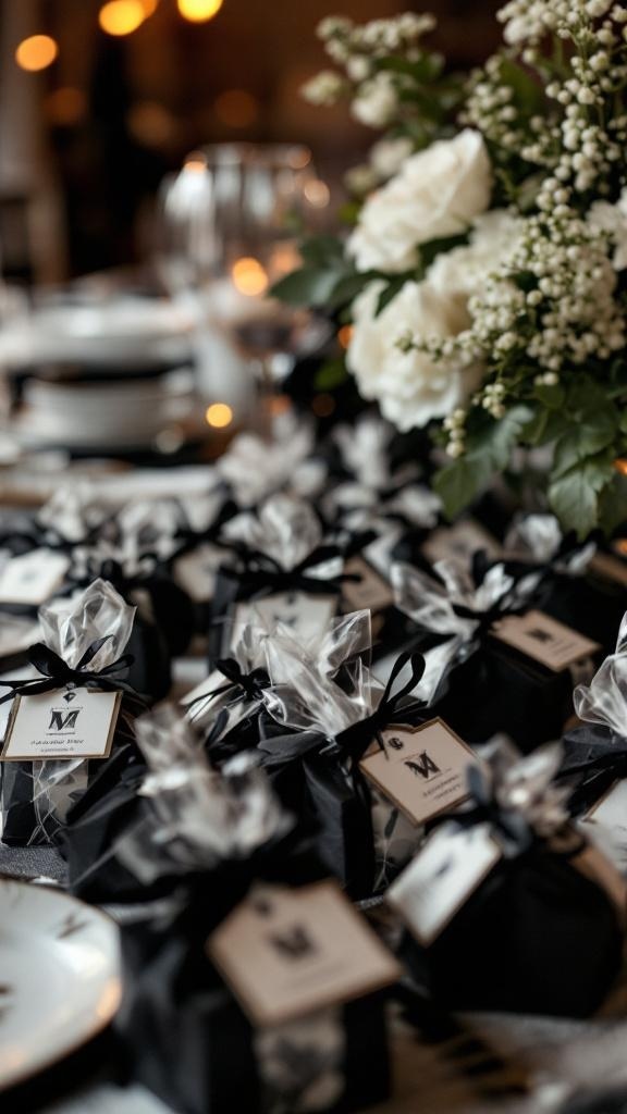Black and white wedding reception table with favors and floral arrangements.
