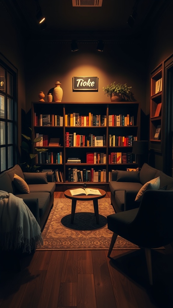 Cozy reading nook with black decor, featuring comfortable seating and a bookshelf.
