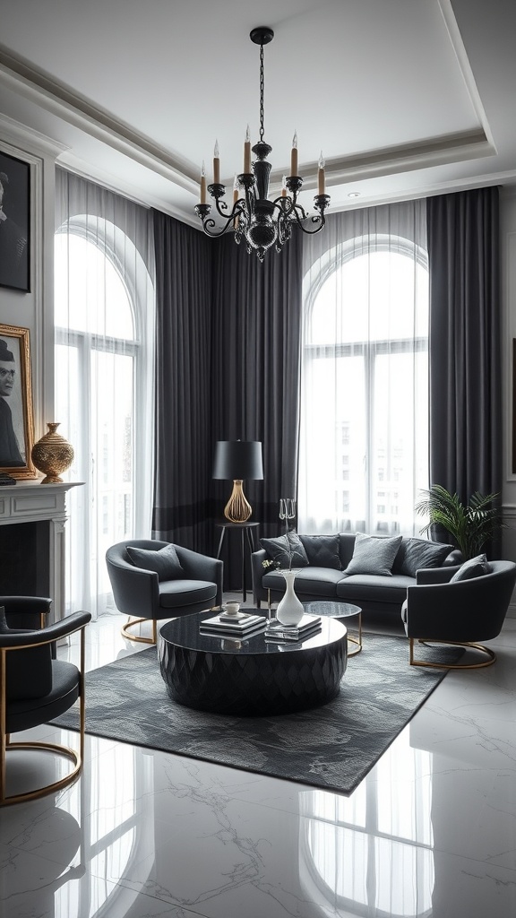 Chic black decor apartment with elegant furniture and lighting.