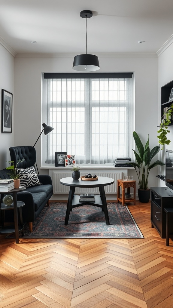 A stylish living room featuring black decor elements, including a black sofa, a round coffee table, and a patterned rug.