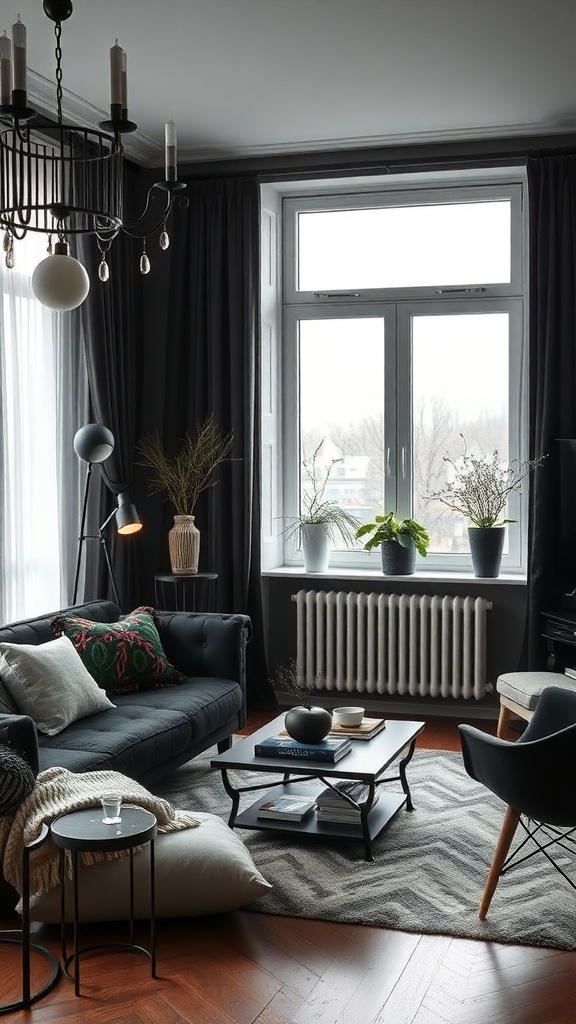 A stylish living room with black decor, featuring a cozy couch, modern lighting, and seasonal plants.