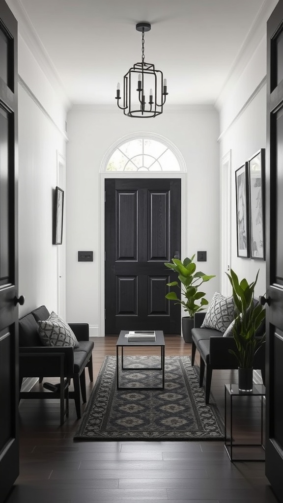 Chic black decor in a modern entryway featuring a black door, seating, and plants.