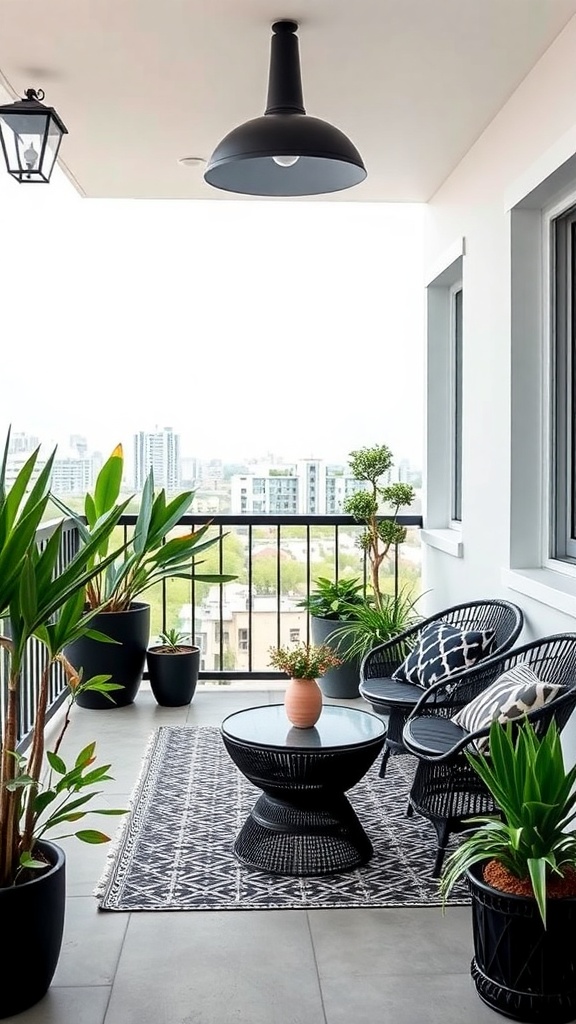Stylish outdoor balcony with black furniture and plants